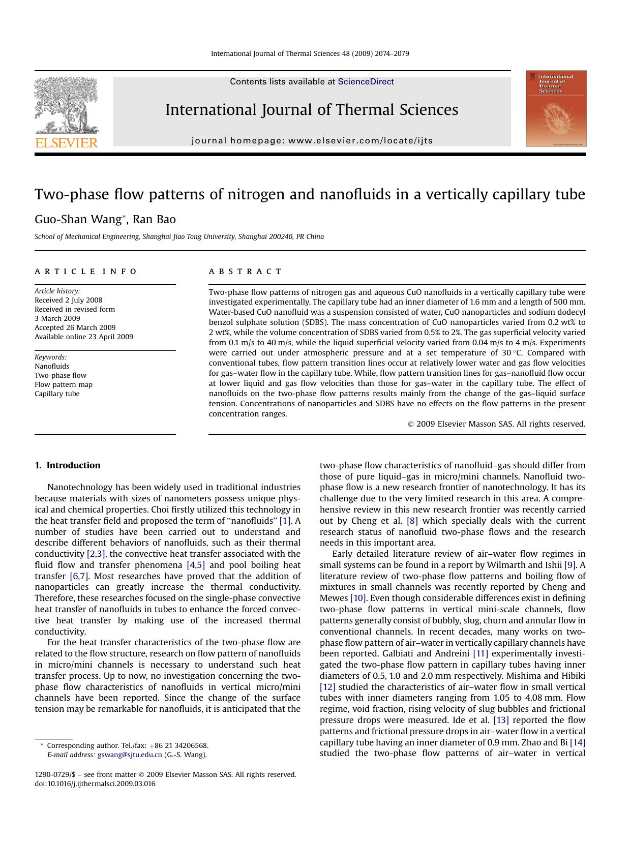 Two-phase flow patterns of nitrogen and nanofluids in a vertically capillary tube by Guo-Shan Wang; Ran Bao