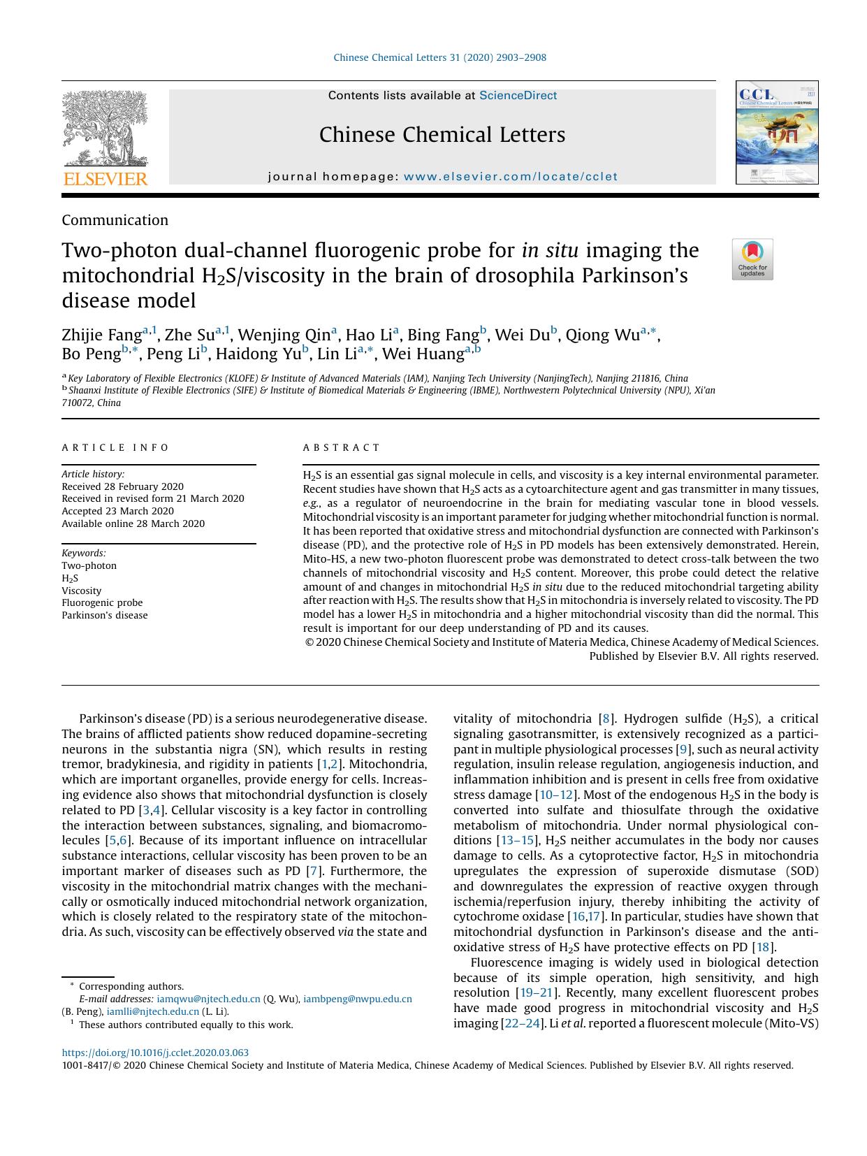 Two-photon dual-channel fluorogenic probe for in situ imaging the mitochondrial H2Sviscosity in the brain of drosophila Parkinsons disease model by unknow