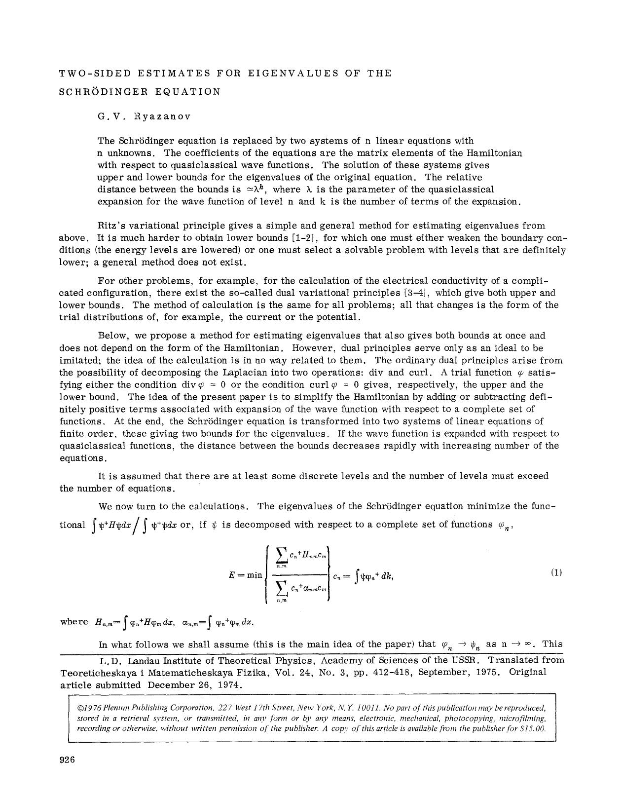 Two-sided estimates for eigenvalues of the Schr&#x00F6;dinger equation by Unknown