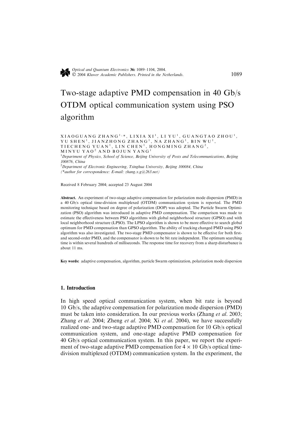 Two-stage adaptive PMD compensation in 40 Gbs OTDM optical communication system using PSO algorithm by Unknown