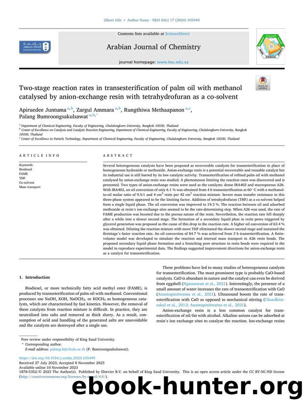 Two-stage reaction rates in transesterification of palm oil with methanol catalysed by anion-exchange resin with tetrahydrofuran as a co-solvent by Apiruedee Juntuma