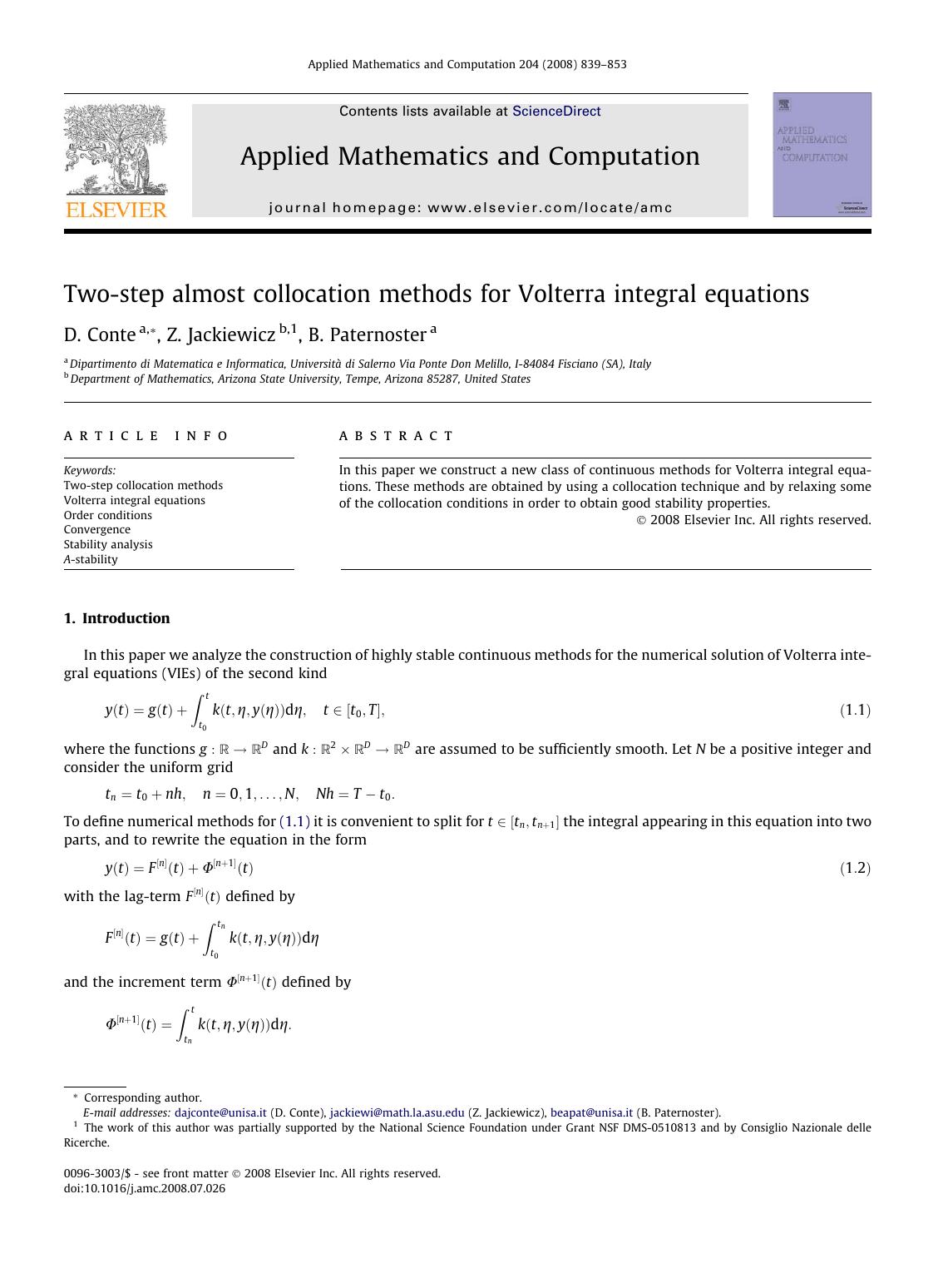 Two-step almost collocation methods for Volterra integral equations by D. Conte; Z. Jackiewicz; B. Paternoster