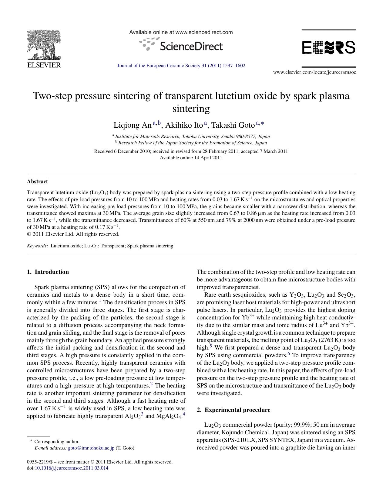 Two-step pressure sintering of transparent lutetium oxide by spark plasma sintering by Liqiong An