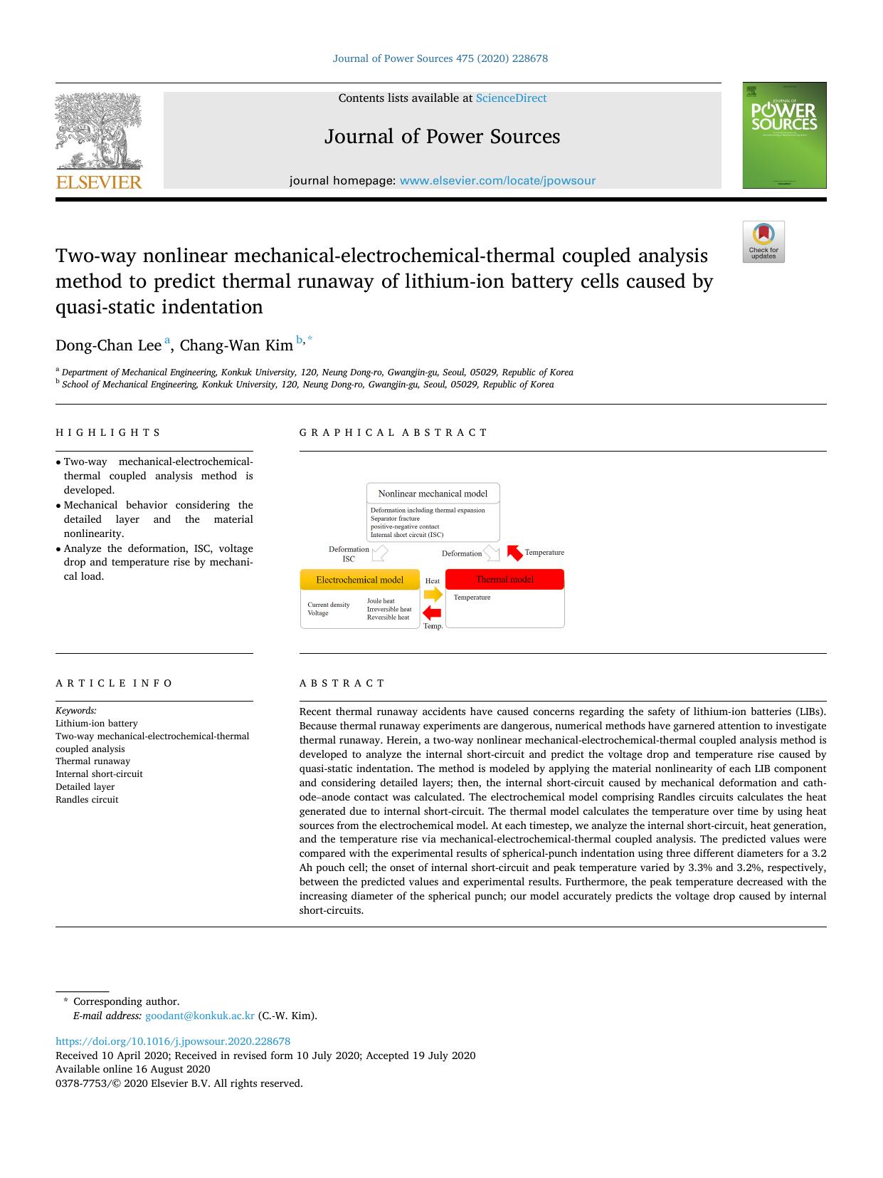 Two-way nonlinear mechanical-electrochemical-thermal coupled analysis method to predict thermal runaway of lithium-ion battery cells caused by quasi-static indentation by Dong-Chan Lee