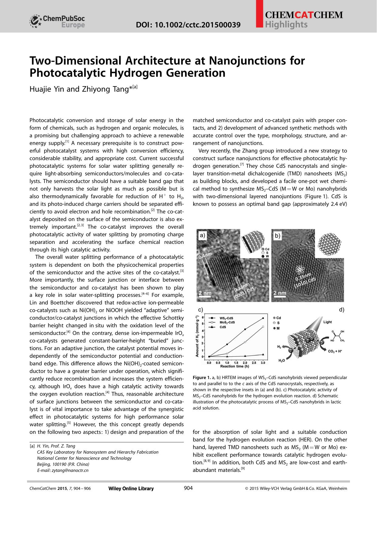 TwoDimensional Architecture at Nanojunctions for Photocatalytic Hydrogen Generation by Unknown