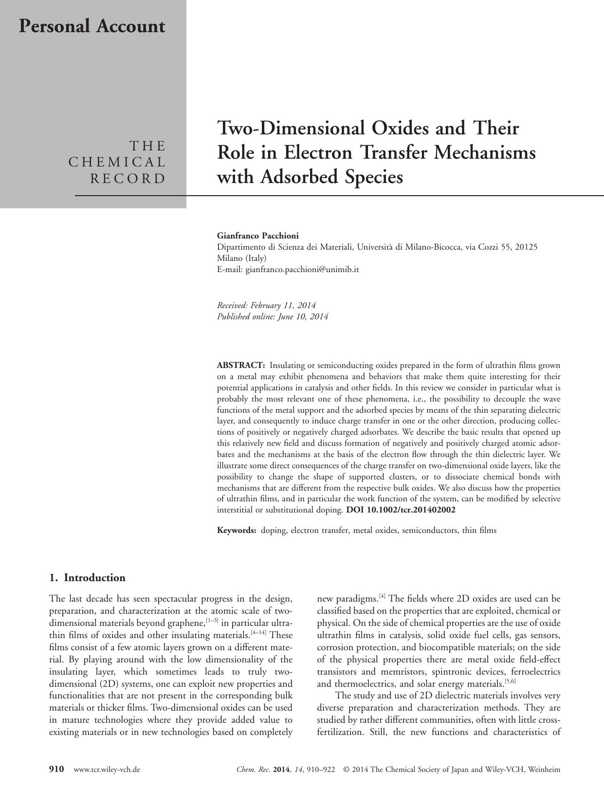 TwoDimensional Oxides and Their Role in Electron Transfer Mechanisms with Adsorbed Species by Unknown