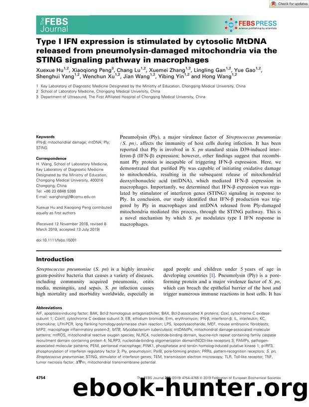 Type I IFN expression is stimulated by cytosolic MtDNA released from pneumolysinâdamaged mitochondria via the STING signaling pathway in macrophages by Unknown