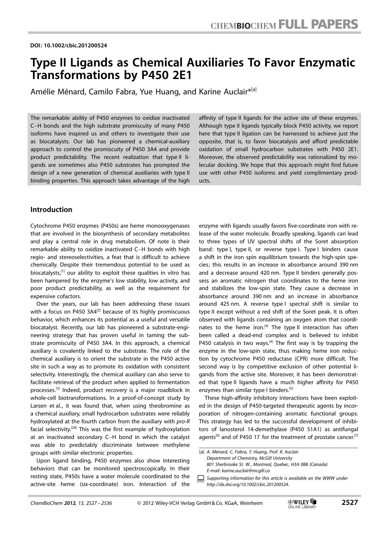 Type II Ligands as Chemical Auxiliaries To Favor Enzymatic Transformations by P450 2E1 by Unknown