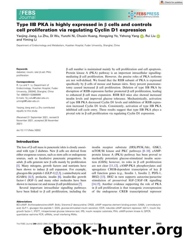 Type IIB PKA is highly expressed in Î² cells and controls cell proliferation via regulating Cyclin D1 expression by Unknown