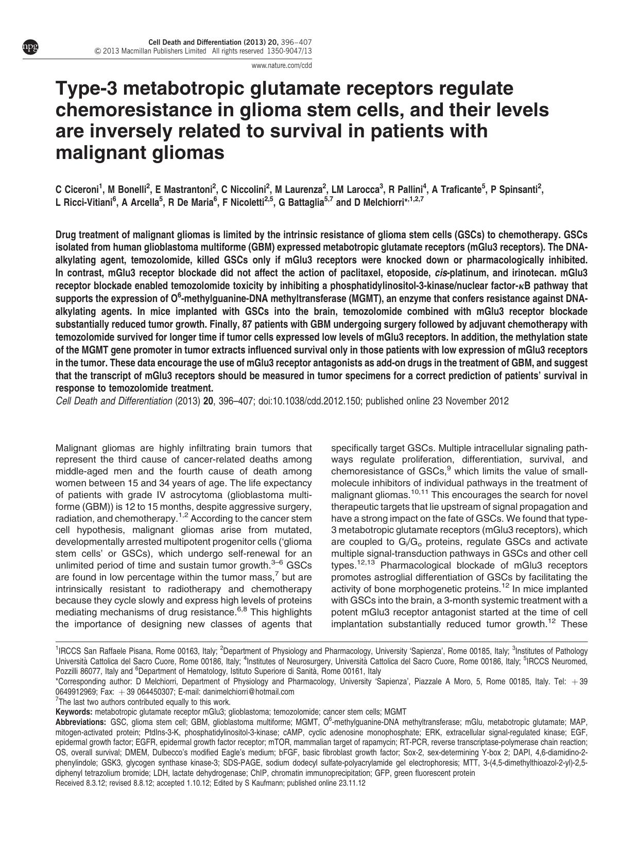 Type-3 metabotropic glutamate receptors regulate chemoresistance in glioma stem cells, and their levels are inversely related to survival in patients with malignant gliomas by unknow