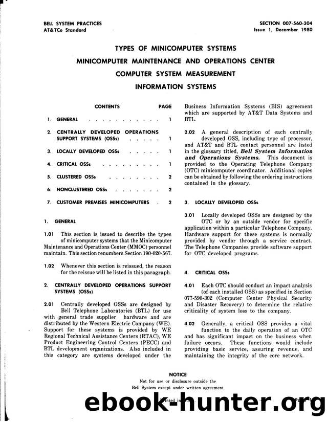 Types of Minicomputer Systems Minicoomputer Maintenance and Operations Center Computer System Measurement Information Systems by AT&&T |