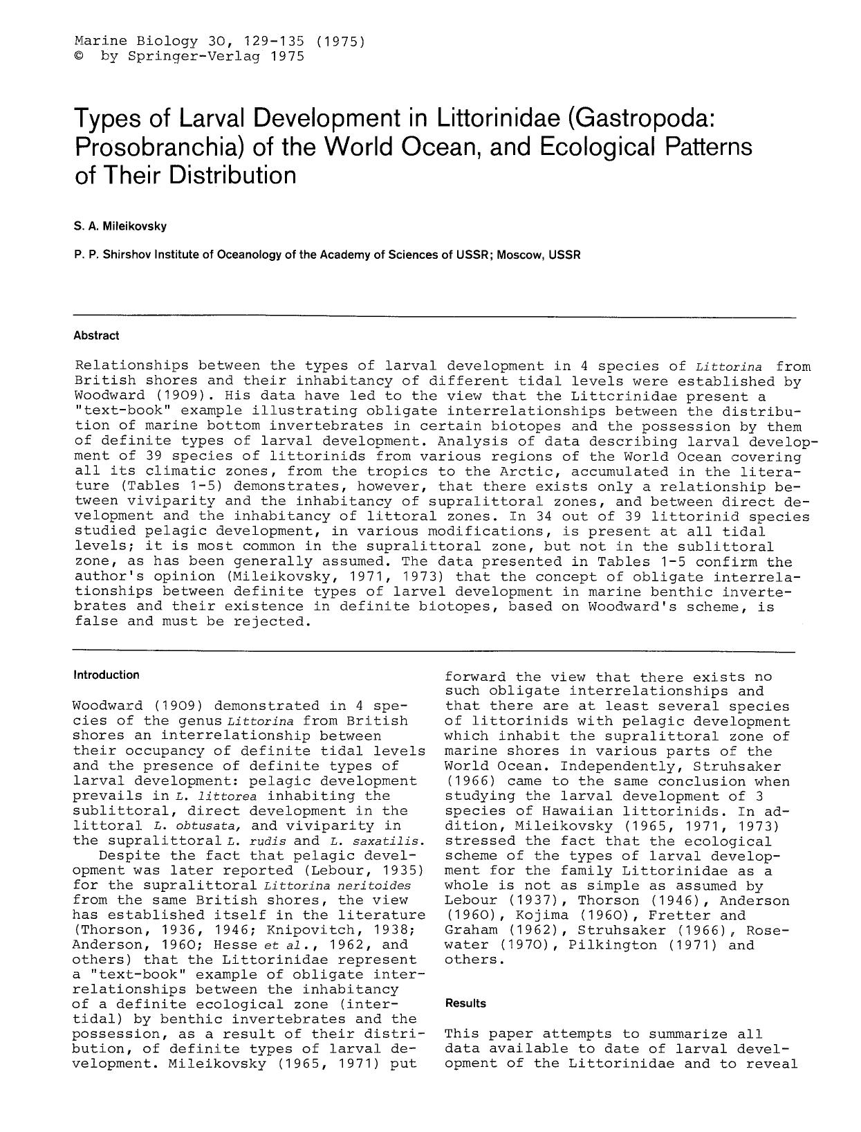 Types of larval development in Littorinidae (Gastropoda: Prosobranchia) of the World Ocean, and ecological patterns of their distribution by Unknown