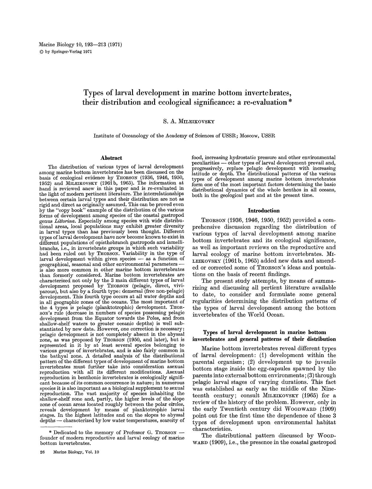 Types of larval development in marine bottom invertebrates, their distribution and ecological significance: a re-evaluation by Unknown