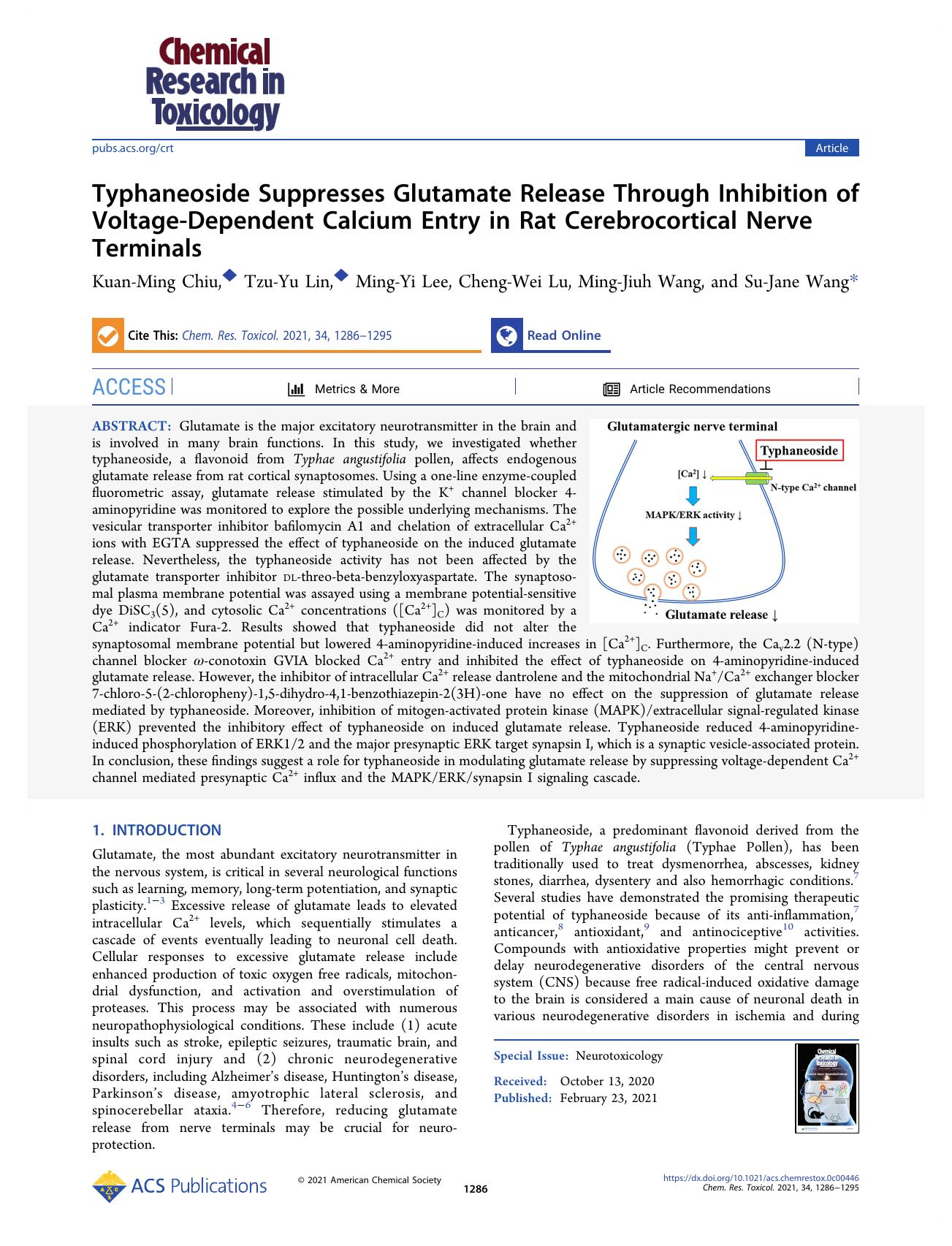 Typhaneoside Suppresses Glutamate Release Through Inhibition of Voltage-Dependent Calcium Entry in Rat Cerebrocortical Nerve Terminals by Kuan-Ming Chiu Tzu-Yu Lin Ming-Yi Lee Cheng-Wei Lu Ming-Jiuh Wang and Su-Jane Wang