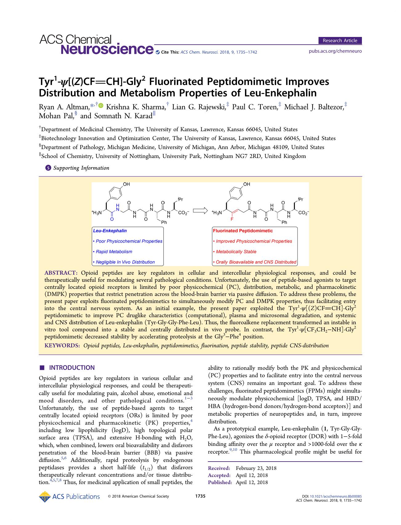 Tyr1-Ï[(Z)CFâCH]-Gly2 Fluorinated Peptidomimetic Improves Distribution and Metabolism Properties of Leu-Enkephalin by unknow