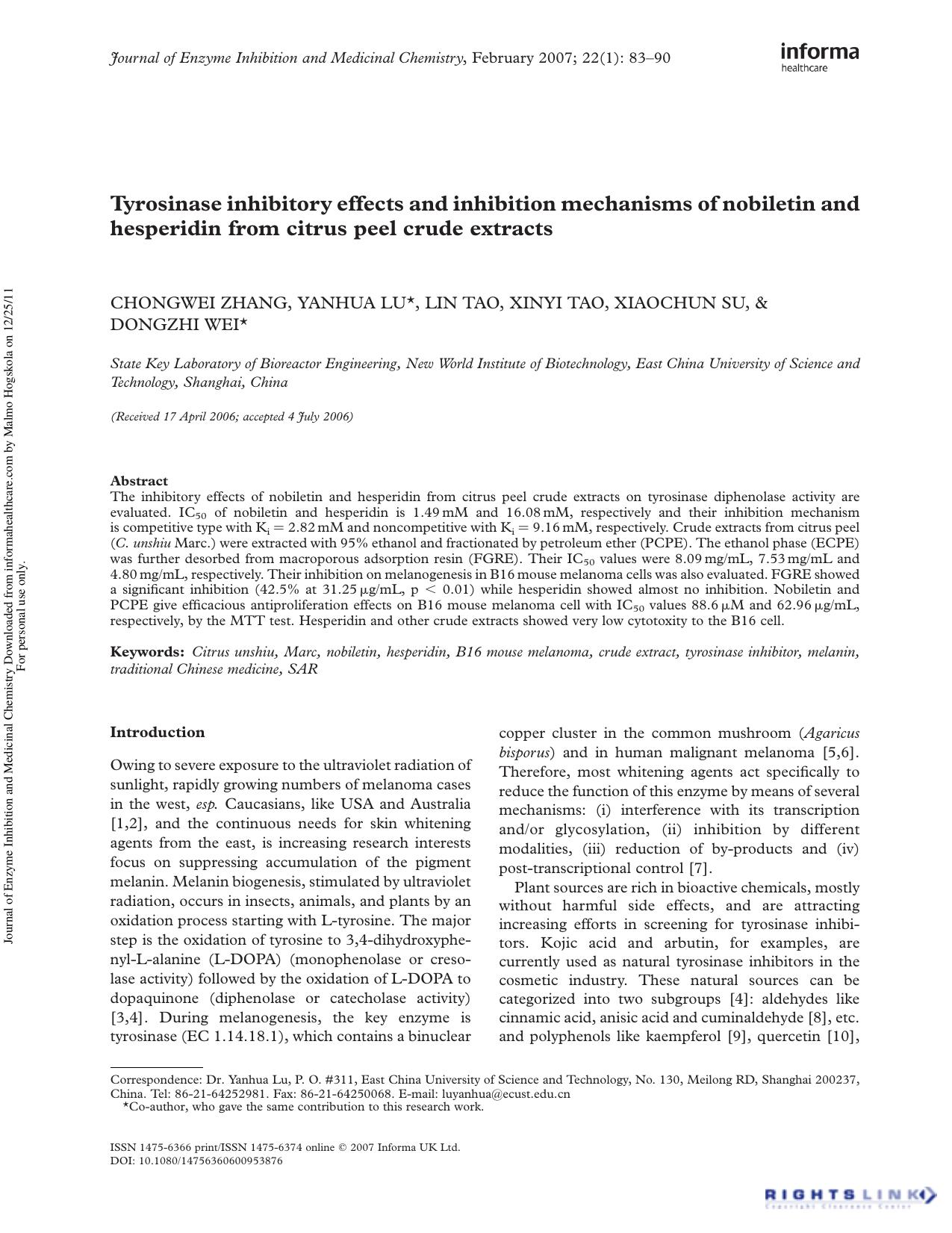 Tyrosinase inhibitory effects and inhibition mechanisms of nobiletin and hesperidin from citrus peel crude extracts by Chongwei Zhang Yanhua Lu Lin Tao Xinyi Tao Xiaochun Su & Dongzhi Wei