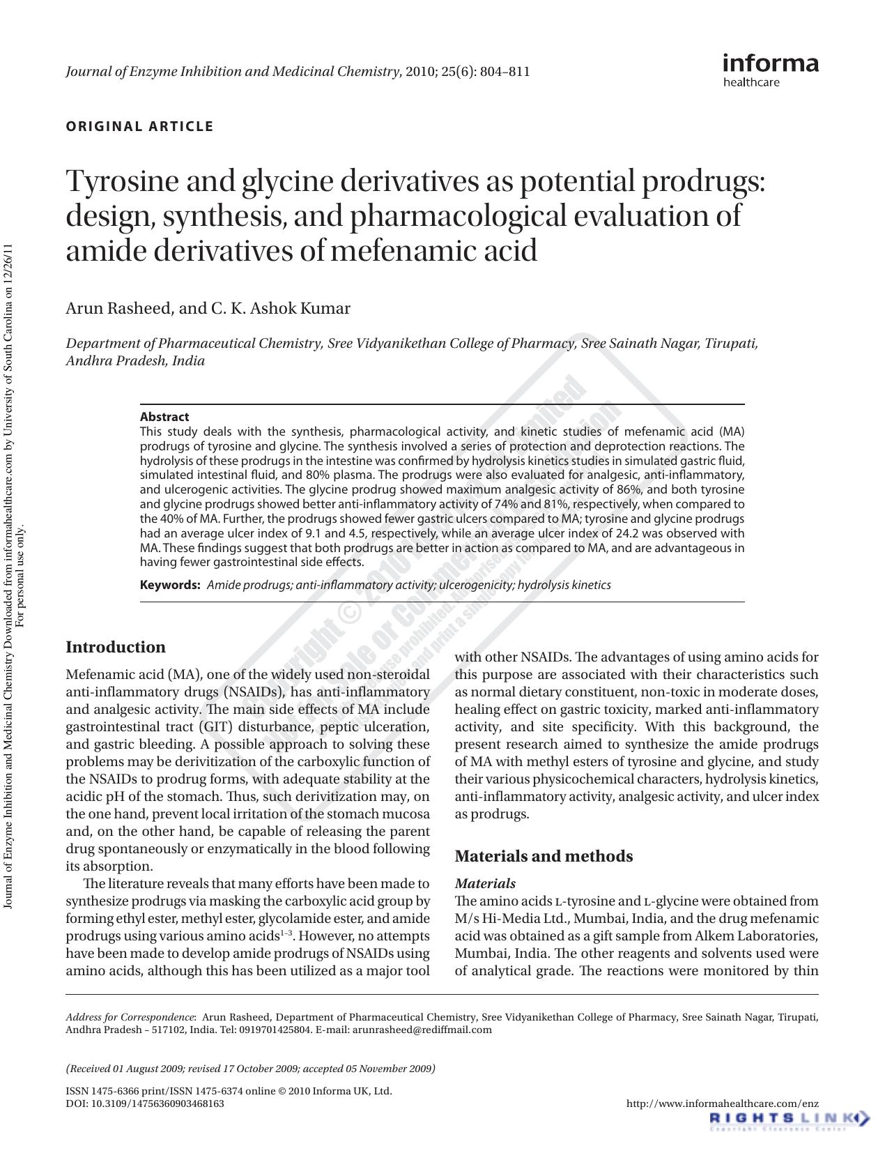 Tyrosine and glycine derivatives as potential prodrugs: design, synthesis, and pharmacological evaluation of amide derivatives of mefenamic acid by Arun Rasheedarunrasheed@rediffmail.com C. K. Ashok Kumar