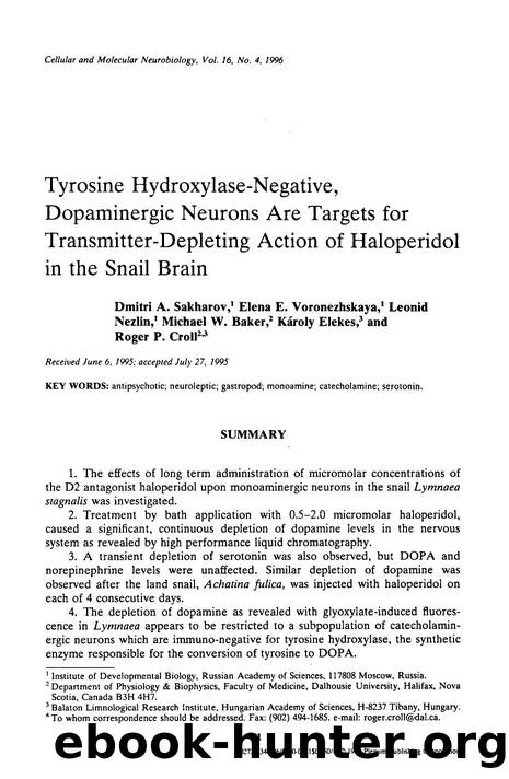 Tyrosine hydroxylase-negative, dopaminergic neurons are targets for transmitter-depleting action of haloperidol in the snail brain by Unknown