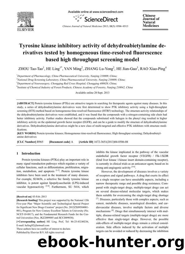 Tyrosine kinase inhibitory activity of dehydroabietylamine derivatives tested by homogeneous time-resolved fluorescence based high throughput screening model by Tao-Tao ZHOU & Ling HE & Ming YAN & Lu-Yong ZHANG & Jian-Guo HE & Xiao-Ping RAO