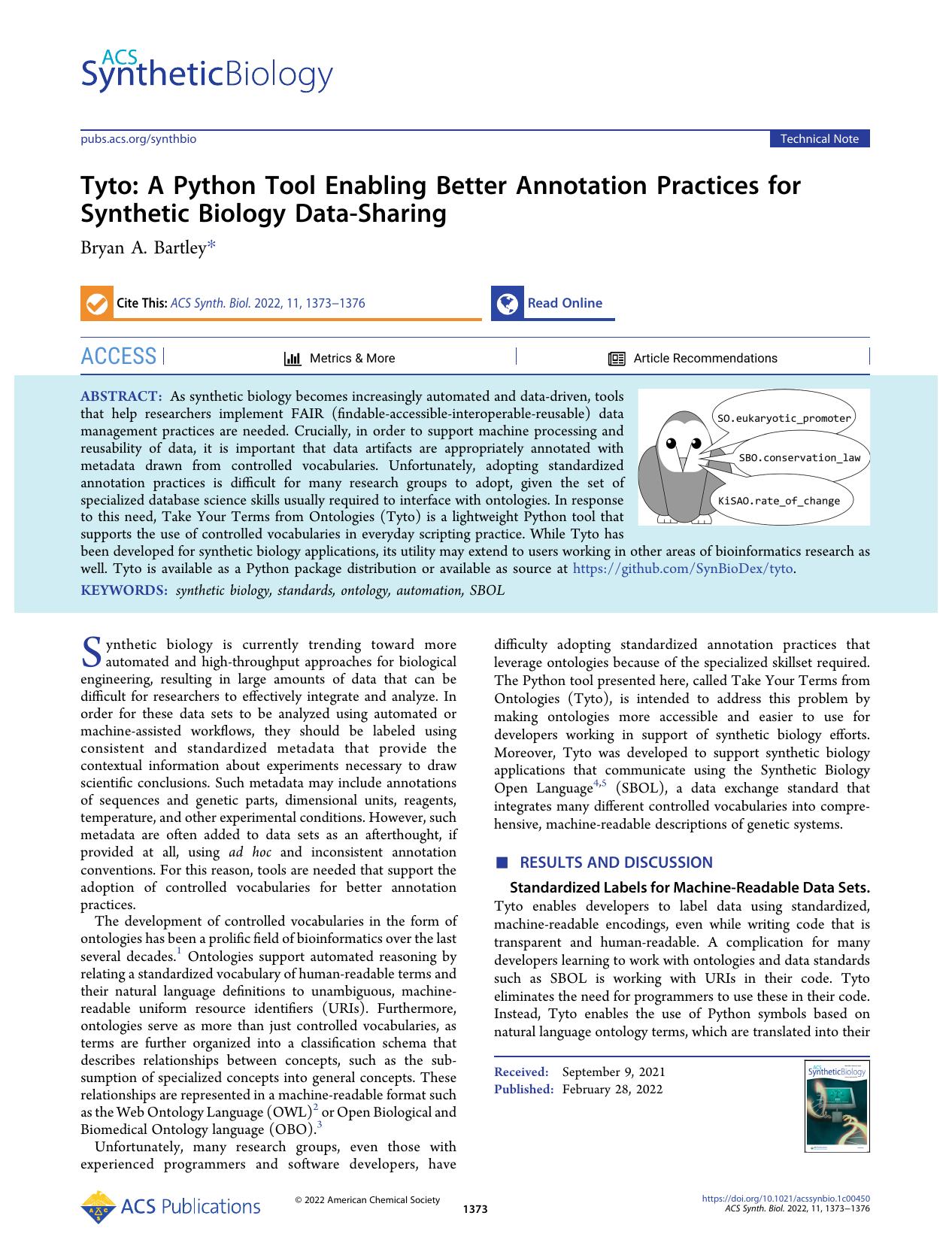 Tyto: A Python Tool Enabling Better Annotation Practices for Synthetic Biology Data-Sharing by Bryan A. Bartley