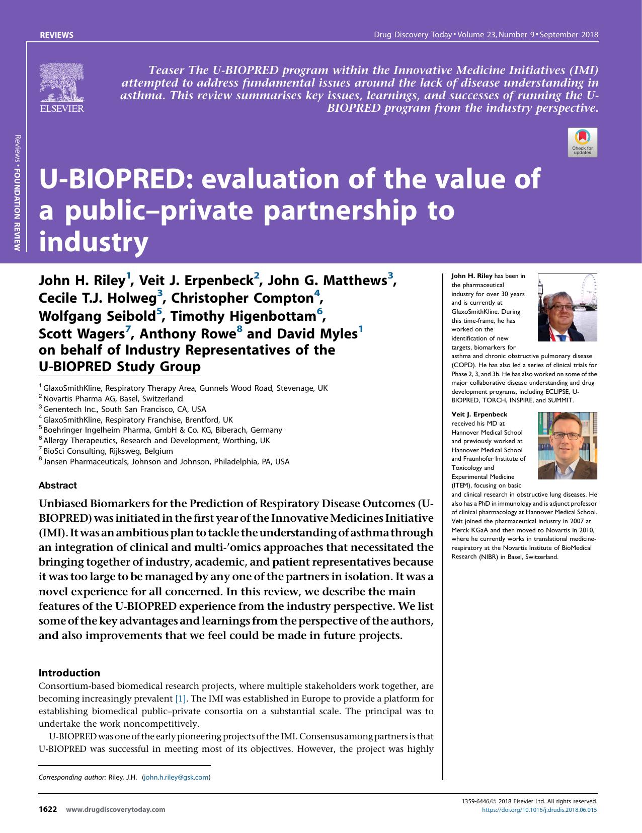 U-BIOPRED: evaluation of the value of a publicâprivate partnership to industry by unknow
