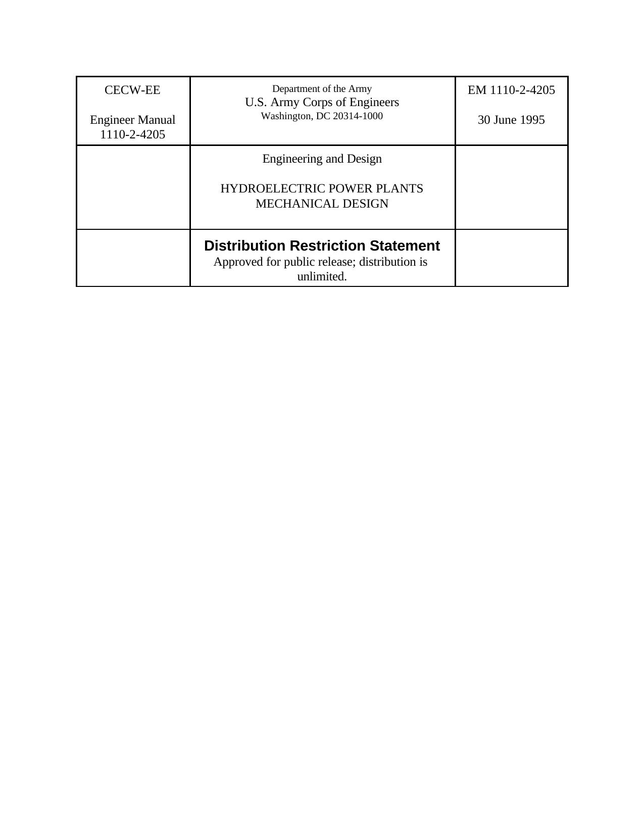 U.S. Army Corps of Engineers - Engineering and Design by Hydroelectirc Power Plants Mechanical Design