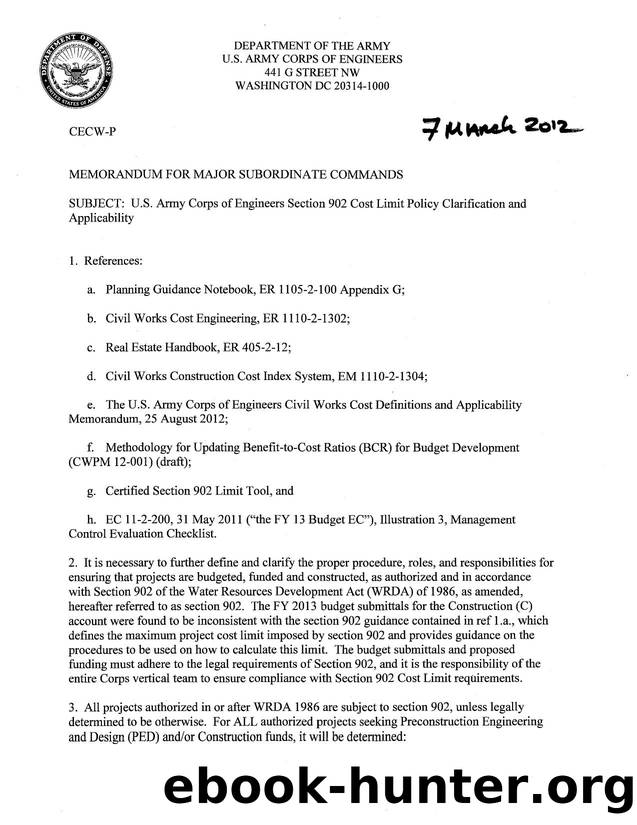 U.S. Army Corps of Engineers Section 902 Cost Limit Policy Clarification and Applicability by CECW-P