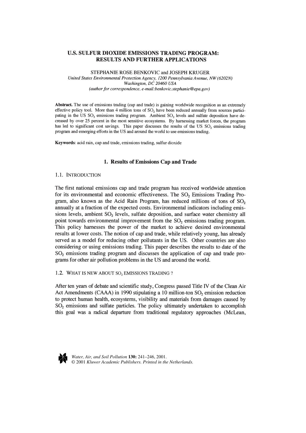 U.S. Sulfur Dioxide Emissions Trading Program: Results and Further Applications by Unknown