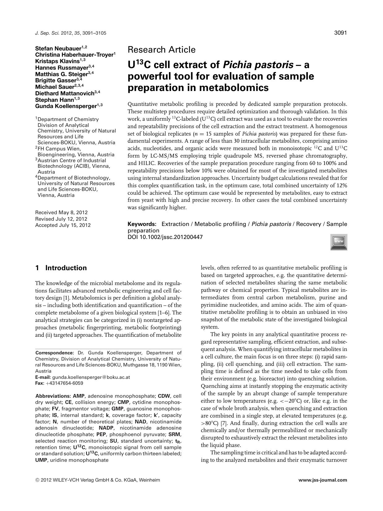 U13C cell extract of Pichia pastoris â a powerful tool for evaluation of sample preparation in metabolomics by Unknown