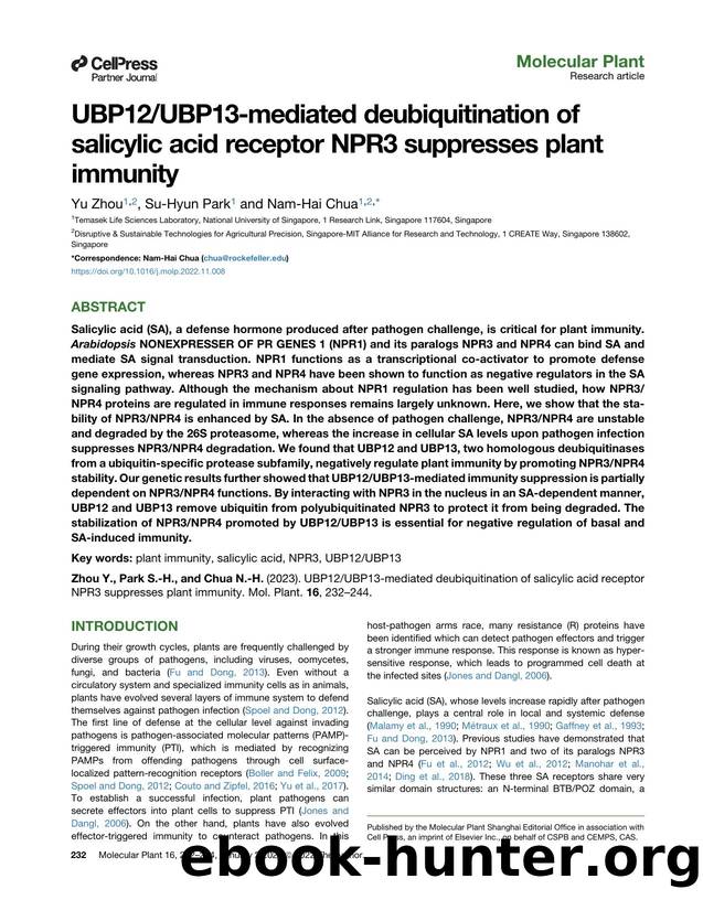 UBP12UBP13-mediated deubiquitination of salicylic acid receptor NPR3 suppresses plant immunity by Yu Zhou & Su-Hyun Park & Nam-Hai Chua