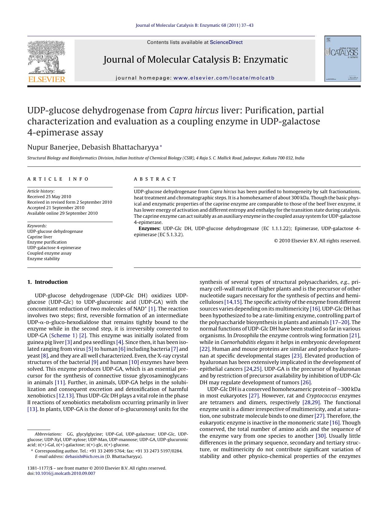 UDP-glucose dehydrogenase from Capra hircus liver: Purification, partial characterization and evaluation as a coupling enzyme in UDP-galactose 4-epimerase assay by Nupur Banerjee