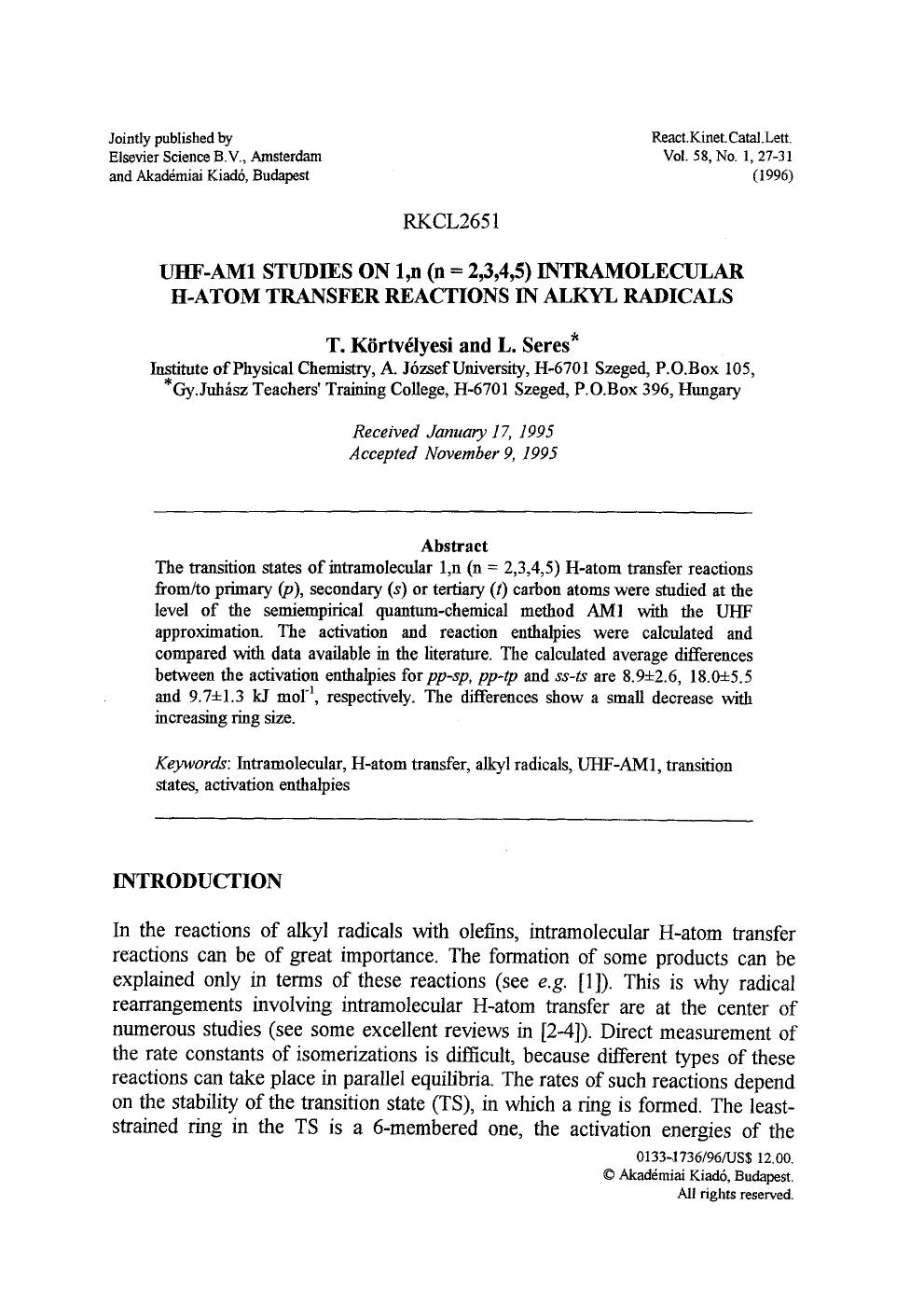 UHF-AM1 studies on 1,n(n=2,3,4,5) intramolecular H-atom transfer reactions in alkyl radicals by Unknown