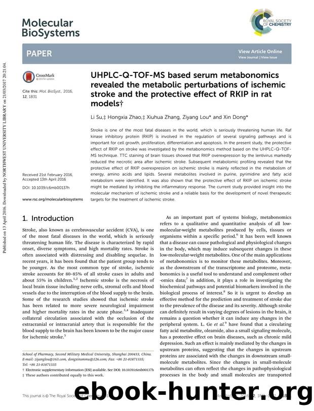 UHPLC-Q-TOF-MS based serum metabonomics revealed the metabolic perturbations of ischemic stroke and the protective effect of RKIP in rat models by Li Su & Hongxia Zhao & Xiuhua Zhang & Ziyang Lou & Xin Dong