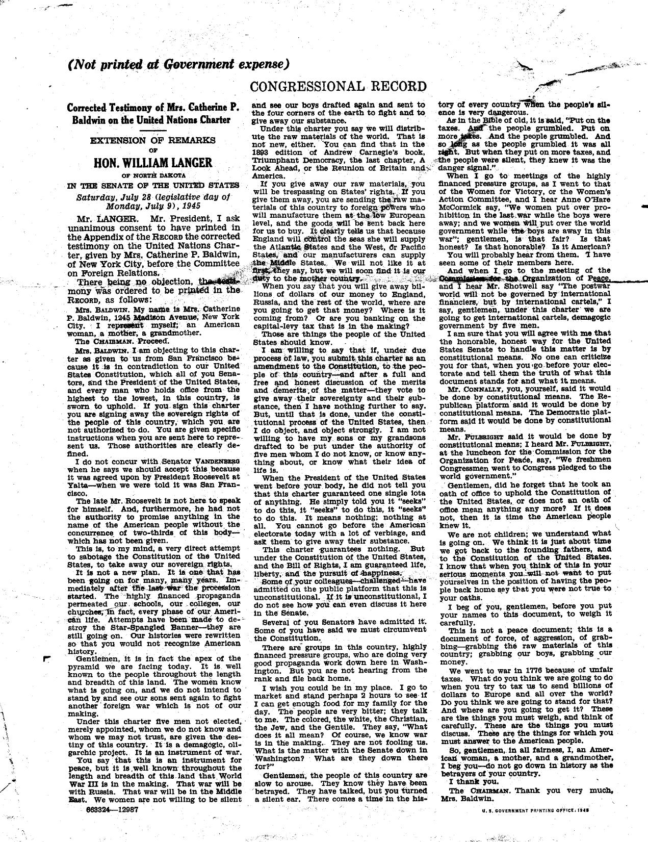 UN Charter Testimony-Catherine Baldwin-1945-1pg-POL by Unknown