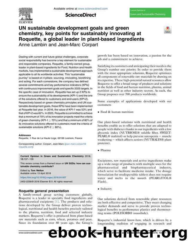 UN sustainable development goals and green chemistry, key points for sustainably innovating at Roquette, a global leader in plant-based ingredients by Anne Lambin & Jean-Marc Corpart
