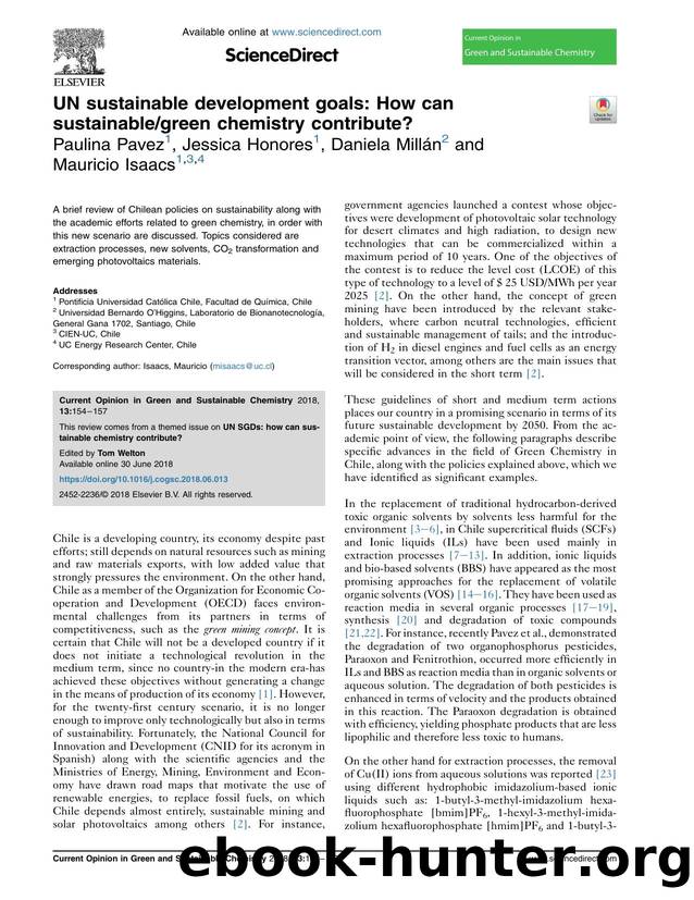 UN sustainable development goals: How can sustainablegreen chemistry contribute? by Paulina Pavez & Jessica Honores & Daniela Millán & Mauricio Isaacs