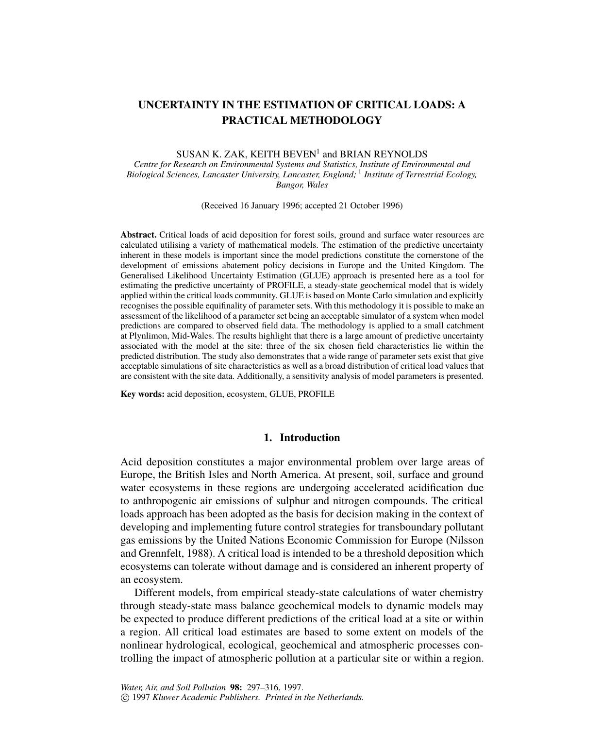 UNCERTAINTY IN THE ESTIMATION OF CRITICAL LOADS: A PRACTICAL METHODOLOGY by Unknown