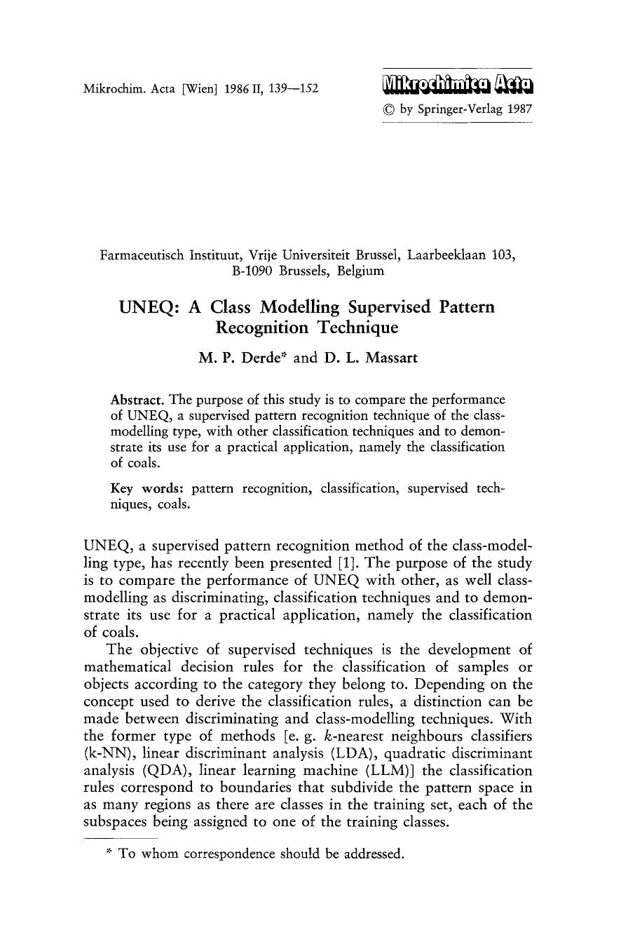 UNEQ: A class modelling supervised pattern recognition technique by Unknown