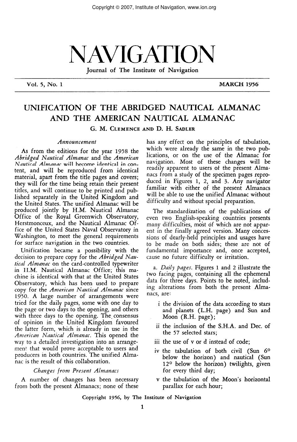 UNIFICATION OF THE ABRIDGED NAUTICAL ALMANAC AND THE AMERICAN NAUTICAL ALMANAC by G. M. CLEMENCE AND D. H. SADLER