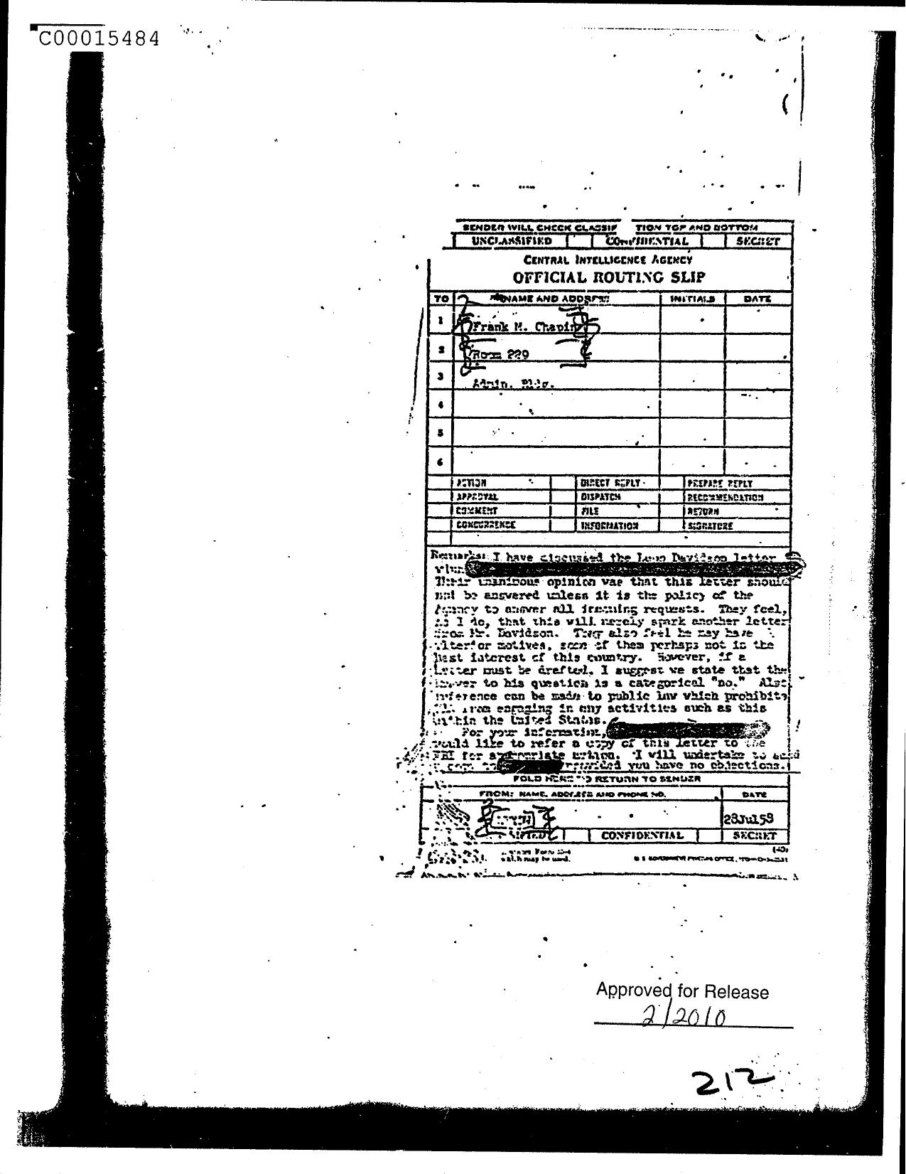 UNTITLED (DISCUSSES LEON DAVIDSON LETTER, WITH MEMO ATTACHED DATED 580725) by Unknown