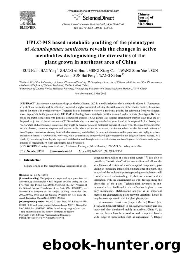 UPLC-MS based metabolic profiling of the phenotypes of Acanthopanax senticosus reveals the changes in active metabolites distinguishing the diversities of the plant grown in northeast area of China by unknow