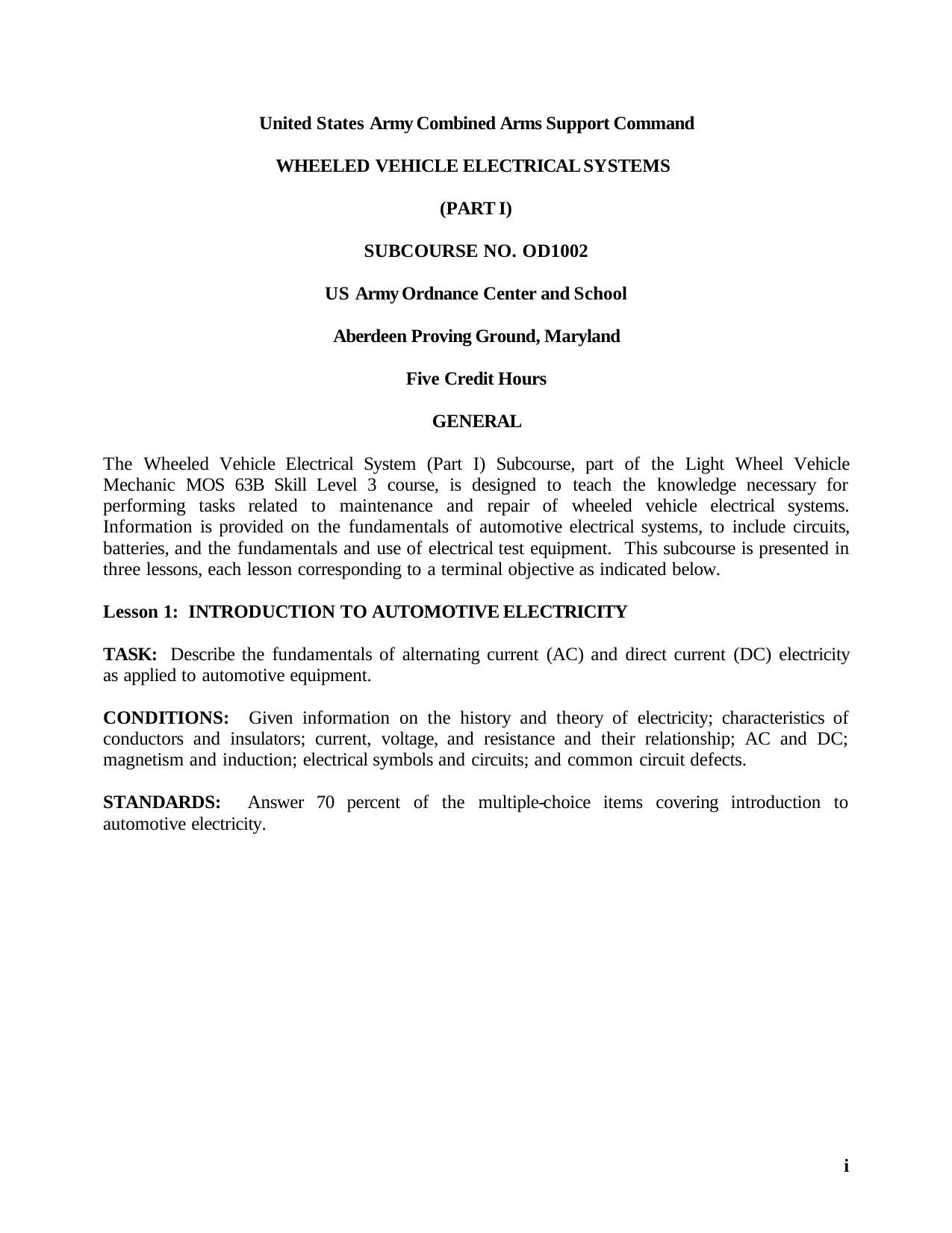 US Army mechanic course by Wheeled Vehicle Electrical Systems I OD1002