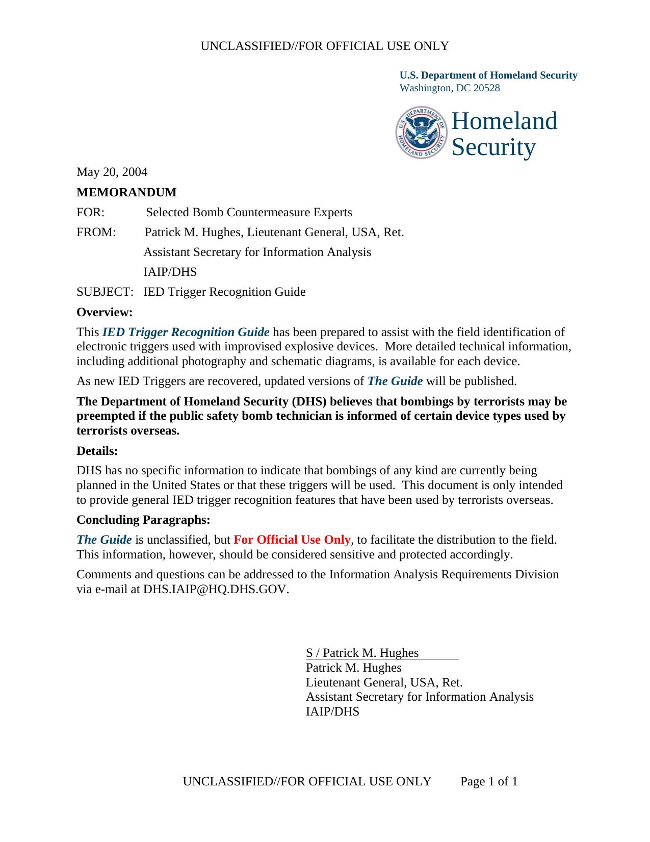 US Homeland Security by IED Trigger Recognition Guide