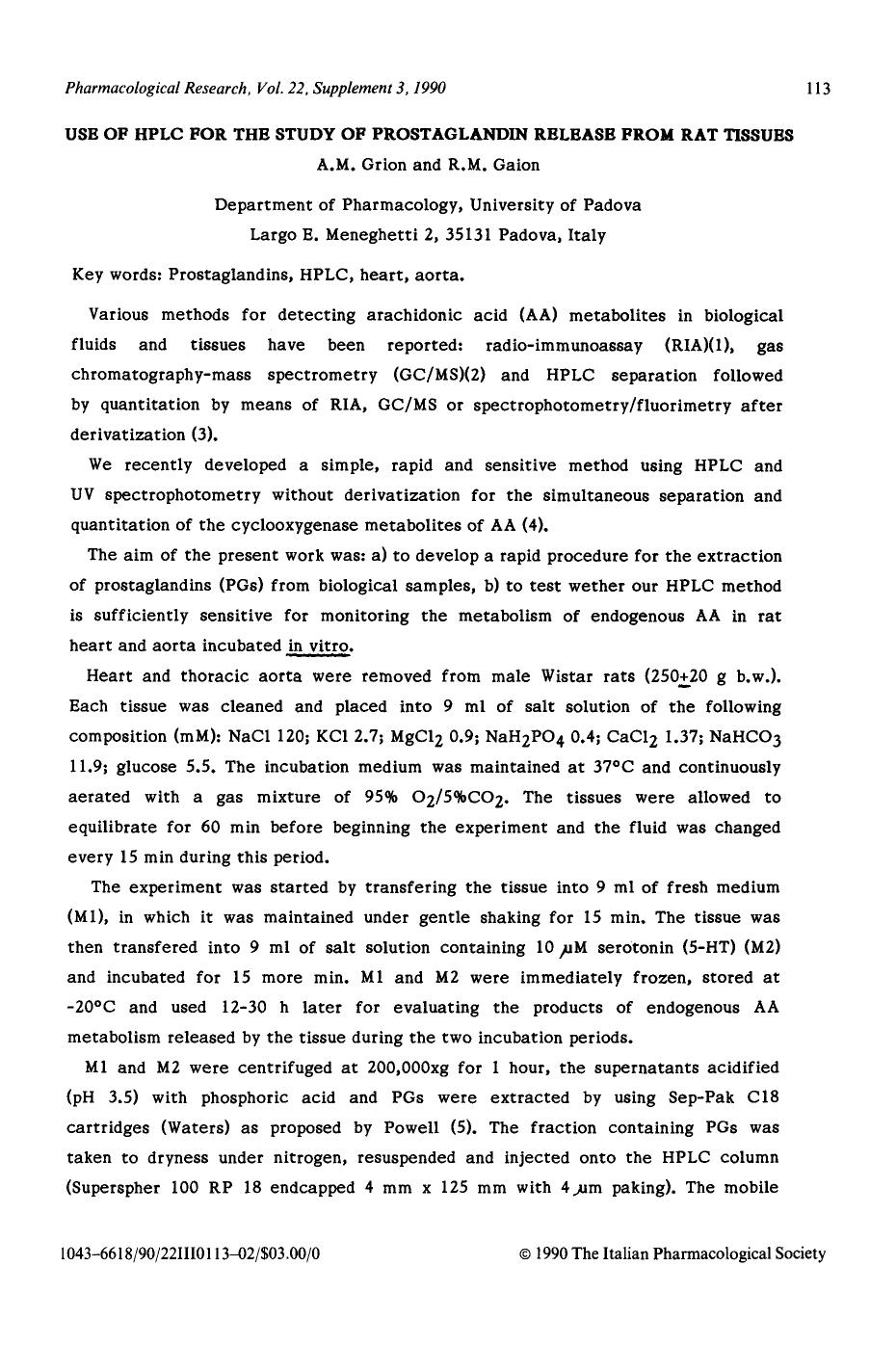 USB of HPLC for the study of prostaglandin release from rat tissues by A.M. Grion; R.M. Gaion