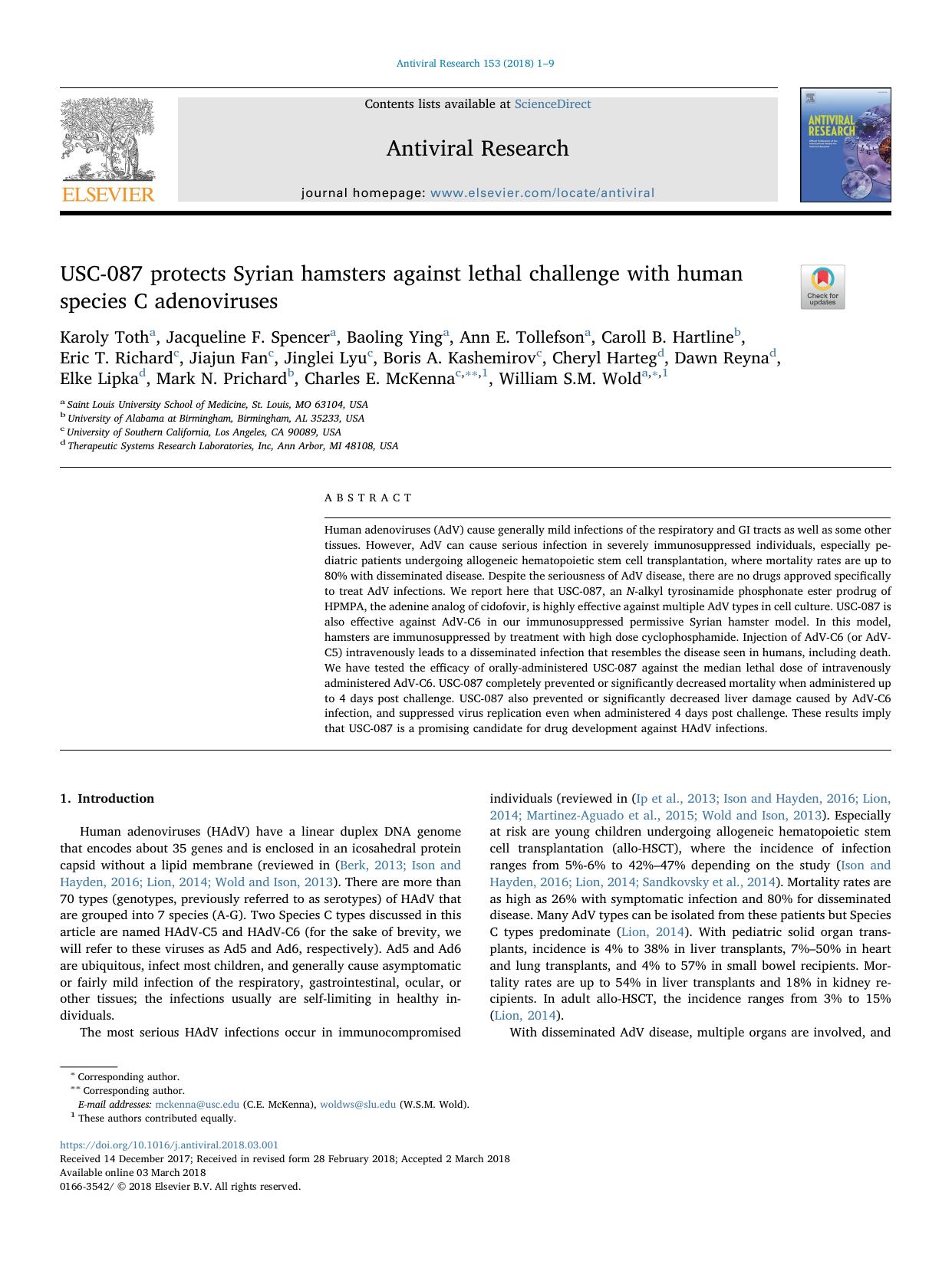 USC-087 protects Syrian hamsters against lethal challenge with human species C adenoviruses by unknow
