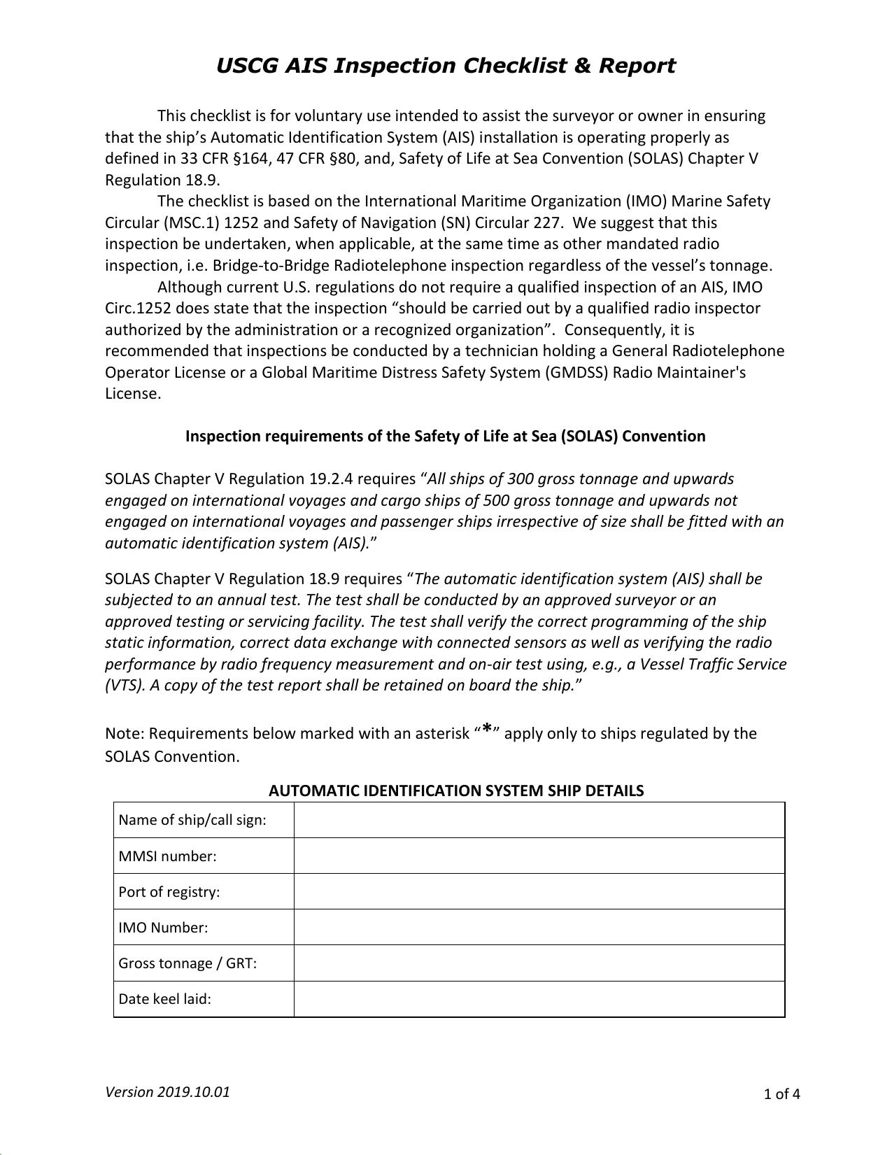 USCG AIS Inspection Checklist and Report by Redistributed by Regs4ships Ltd