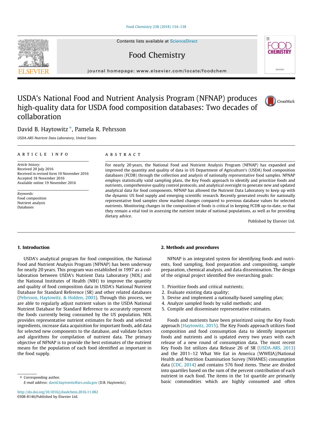 USDAÃ¢â¬â¢s National Food and Nutrient Analysis Program (NFNAP) produces high-quality data for USDA food composition databases: Two decades of collaboration by David B. Haytowitz & Pamela R. Pehrsson