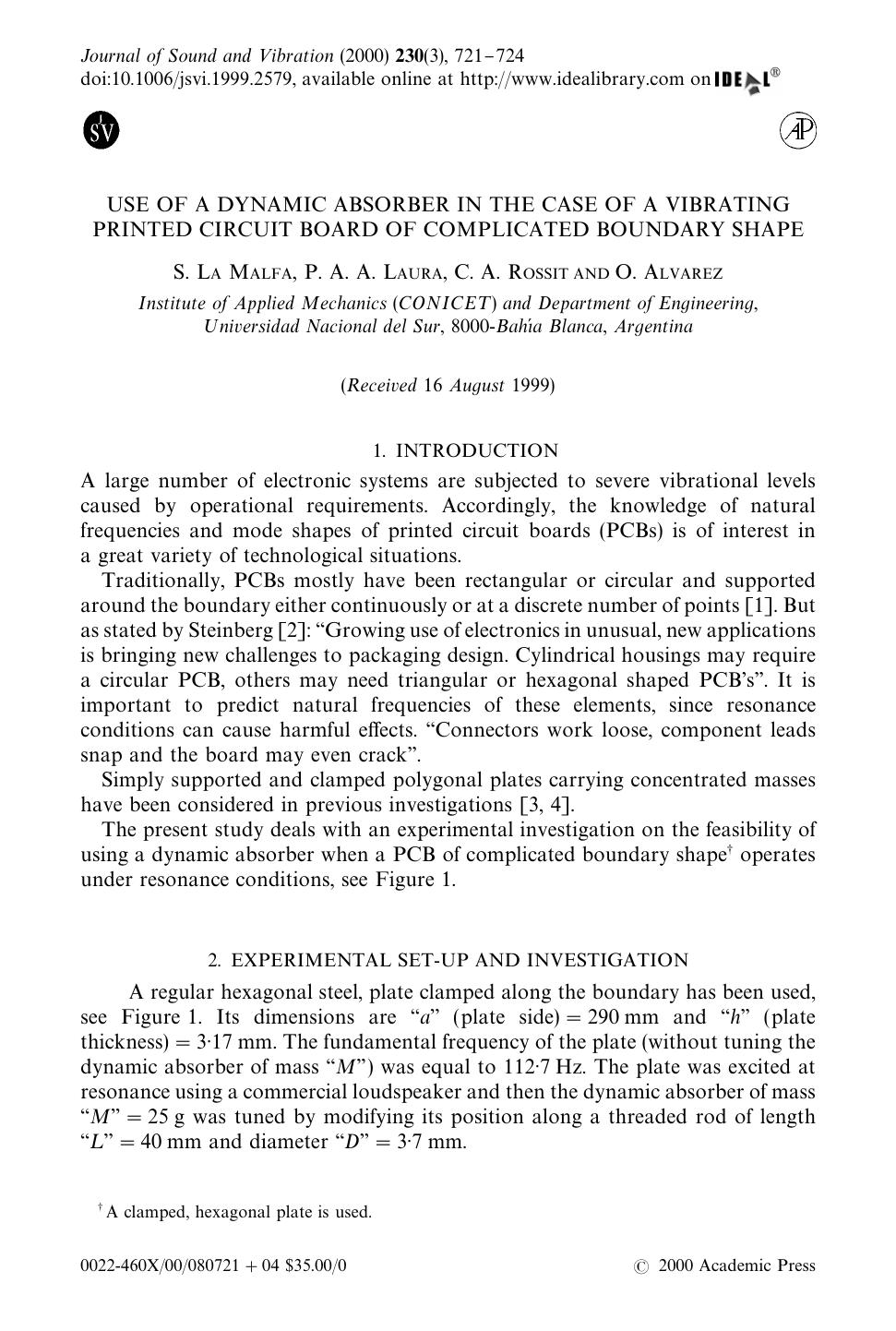 USE OF A DYNAMIC ABSORBER IN THE CASE OF A VIBRATING PRINTED CIRCUIT BOARD OF COMPLICATED BOUNDARY SHAPE by MALFA S. L. et al
