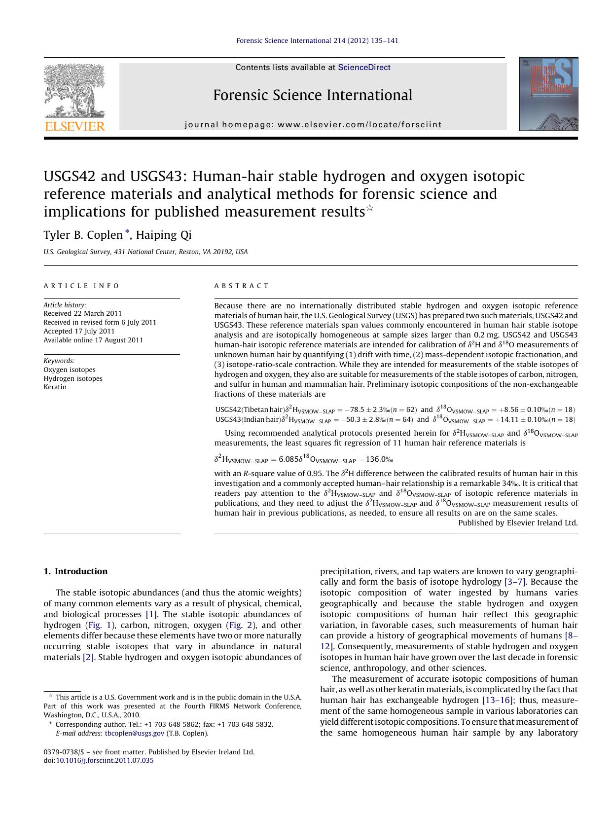 USGS42 and USGS43: Human-hair stable hydrogen and oxygen isotopic reference materials and analytical methods for forensic science and implications for published measurement results by Tyler B. Coplen