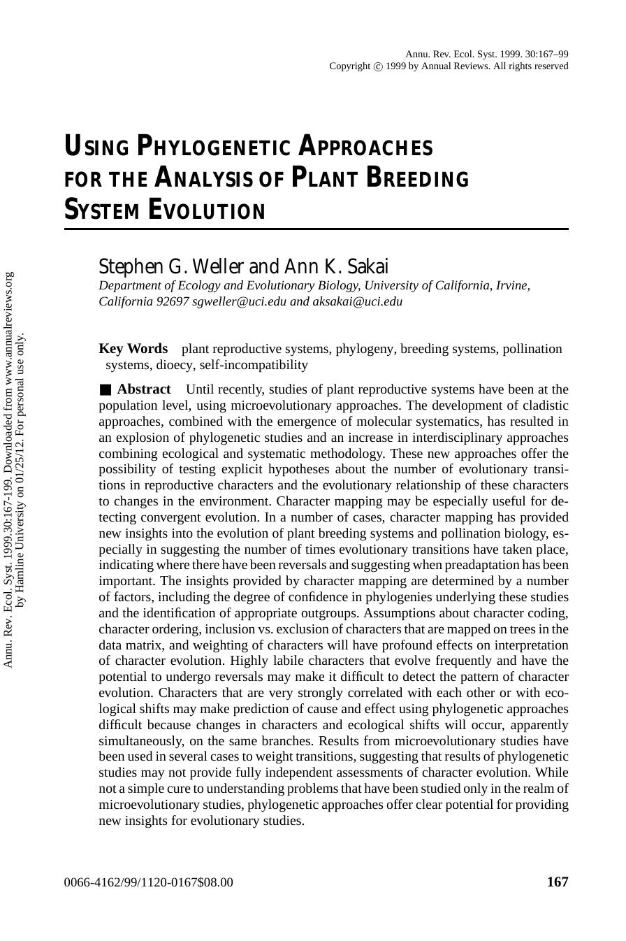 USING PHYLOGENETIC APPROACHES FOR THE ANALYSIS OF PLANT BREEDING SYSTEM EVOLUTION by Stephen G. Weller & Ann K. Sakai